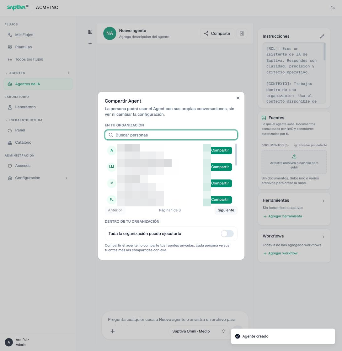 Diálogo Compartir Agent con la lista de personas de la organización