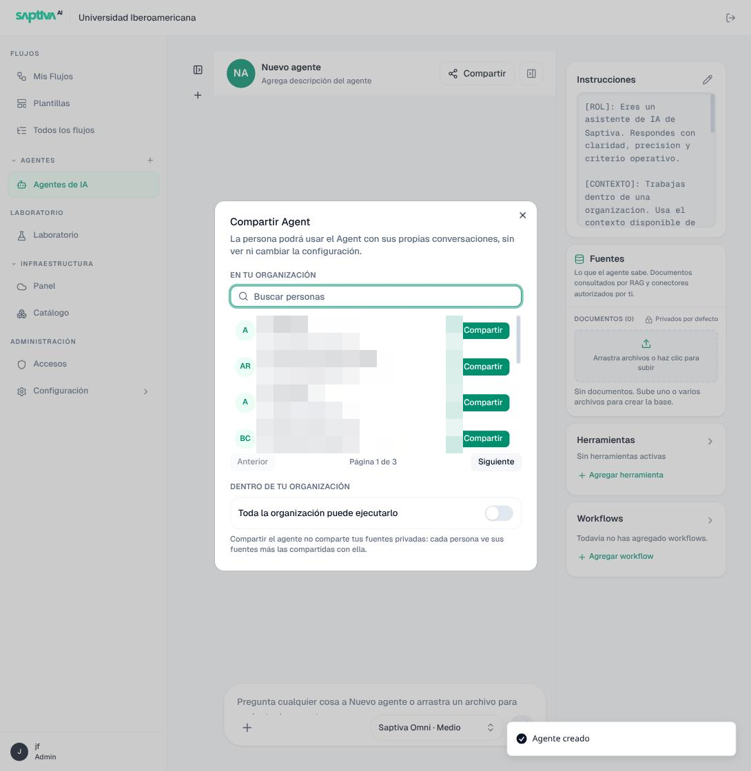 Diálogo Compartir Agent con la lista de personas de la organización