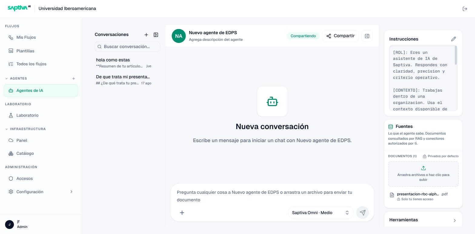 Editor de agente con instrucciones, fuentes y herramientas