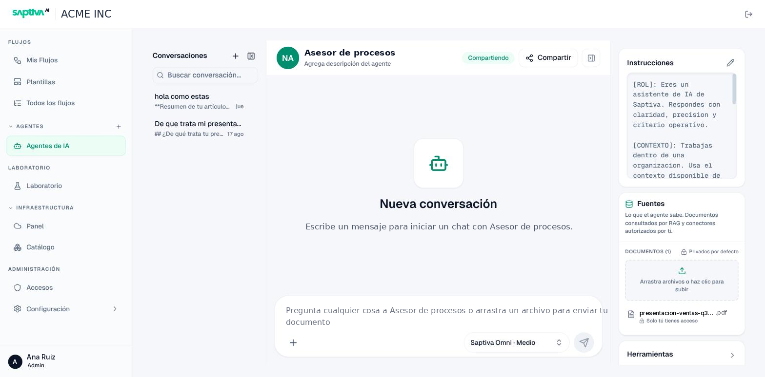 Editor de agente con instrucciones, fuentes y herramientas