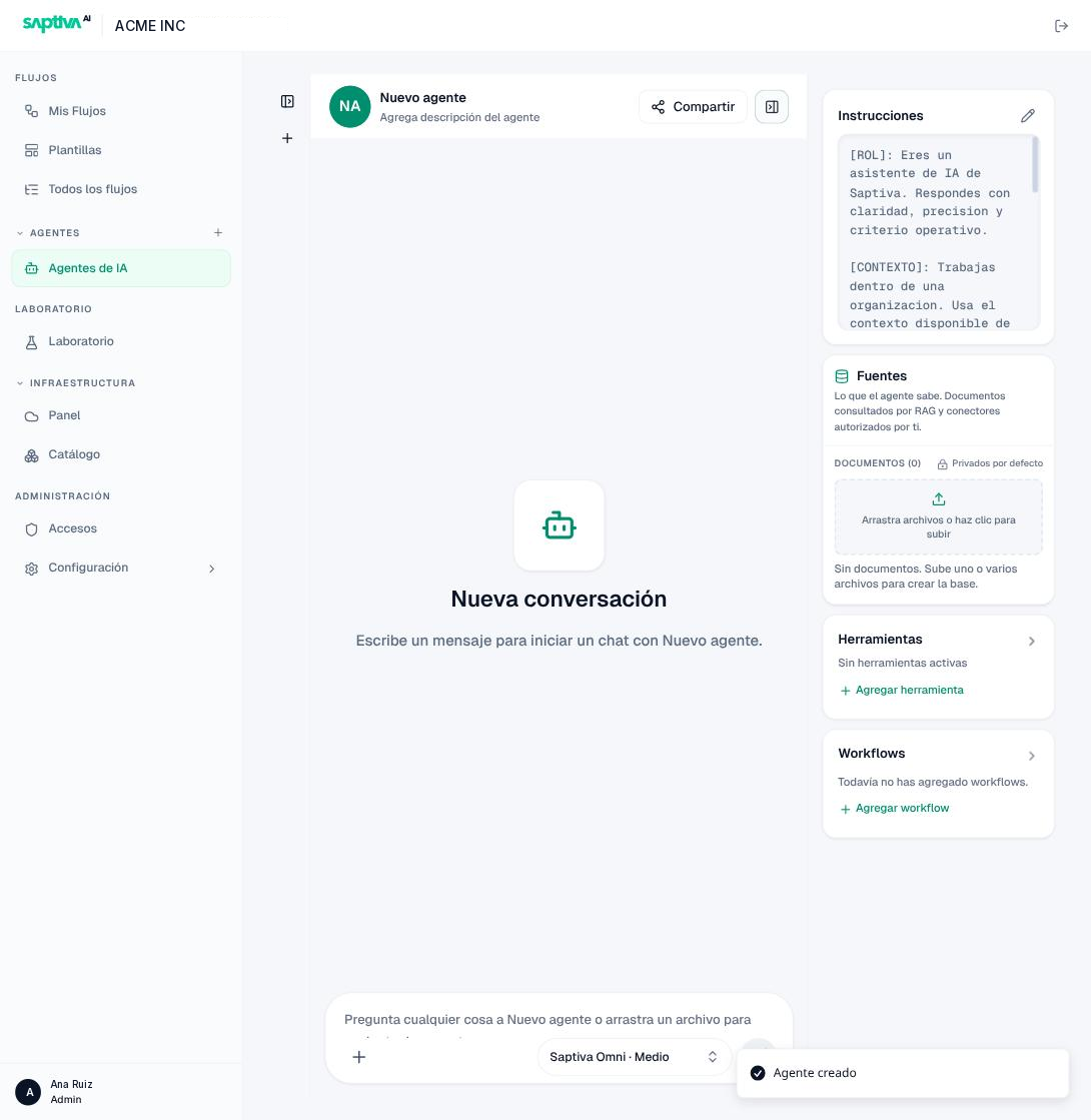 Editor de un agente recién creado
