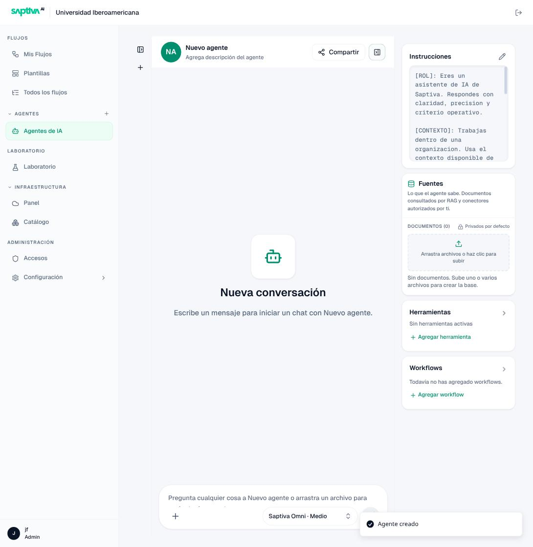 Editor de un agente recién creado