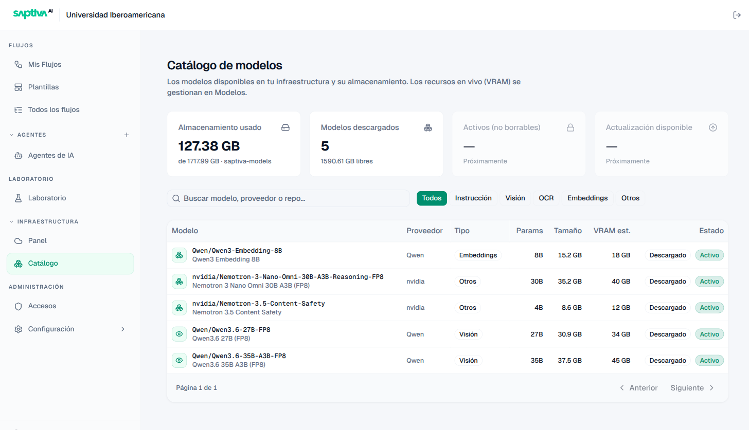 Catálogo con almacenamiento usado, modelos descargados y la lista filtrable