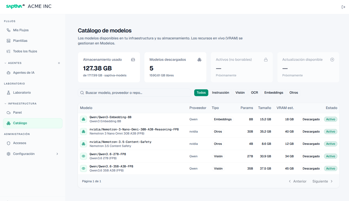 Catálogo con almacenamiento usado, modelos descargados y la lista filtrable