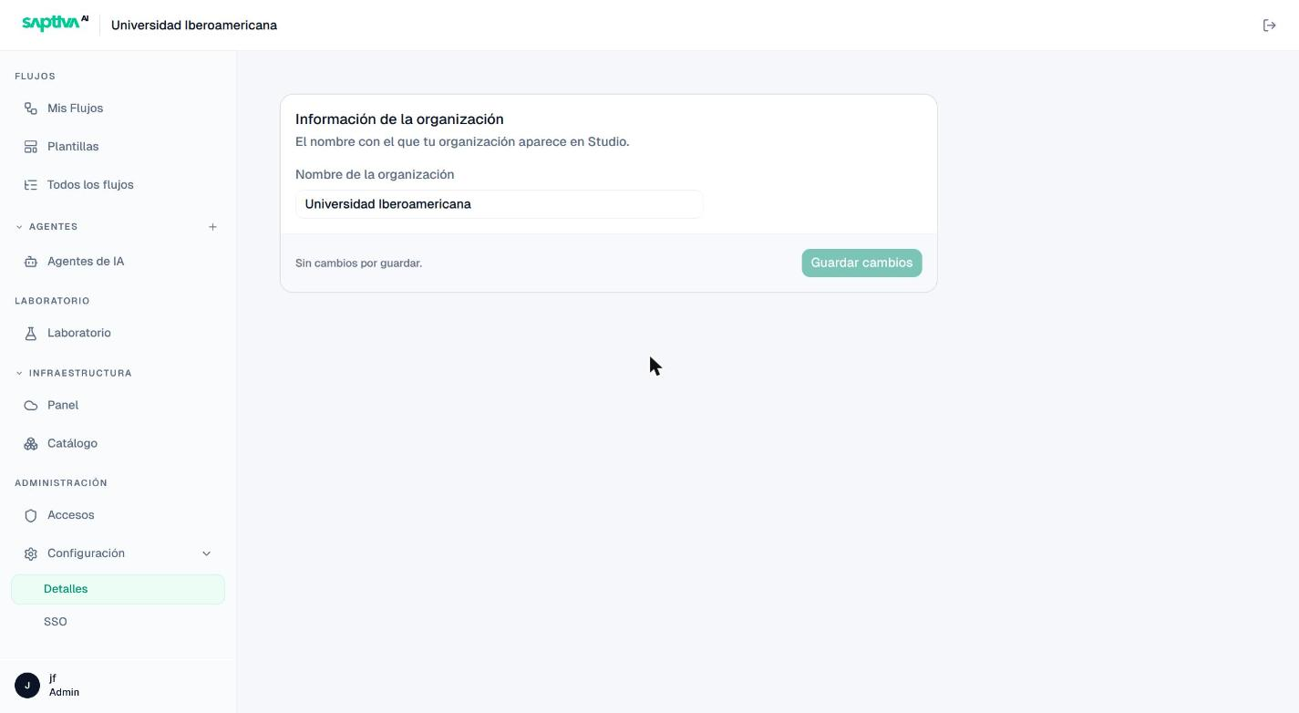 Configuración > Detalles con el nombre de la organización