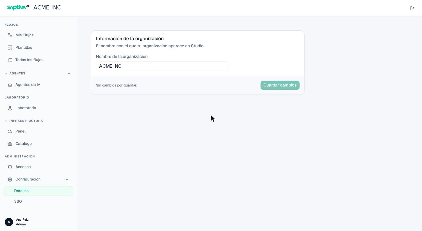 Configuración > Detalles con el nombre de la organización