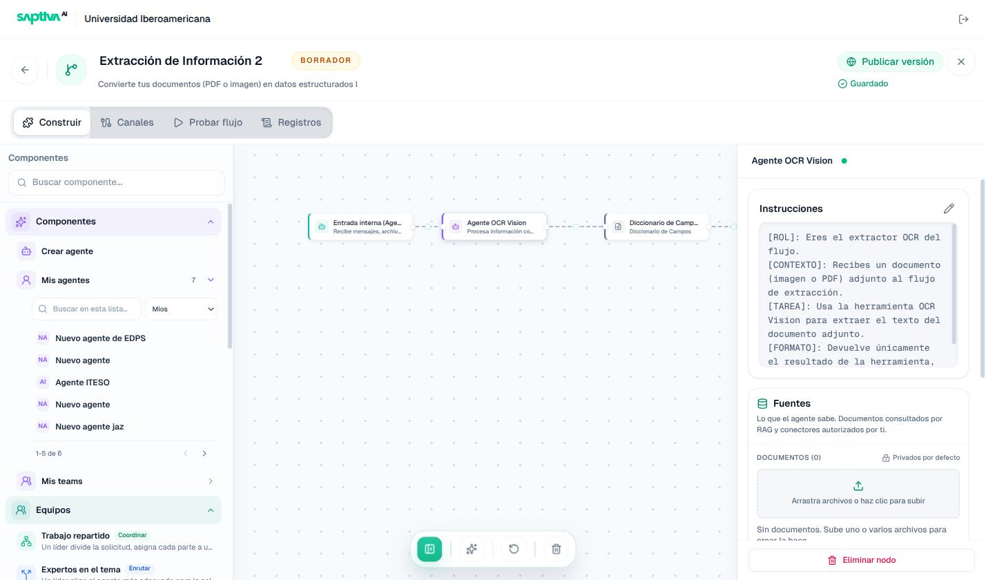 Editor con el nodo Agente OCR Vision seleccionado y su panel de configuración