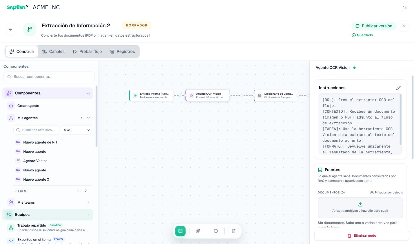 Editor con el nodo Agente OCR Vision seleccionado y su panel de configuración