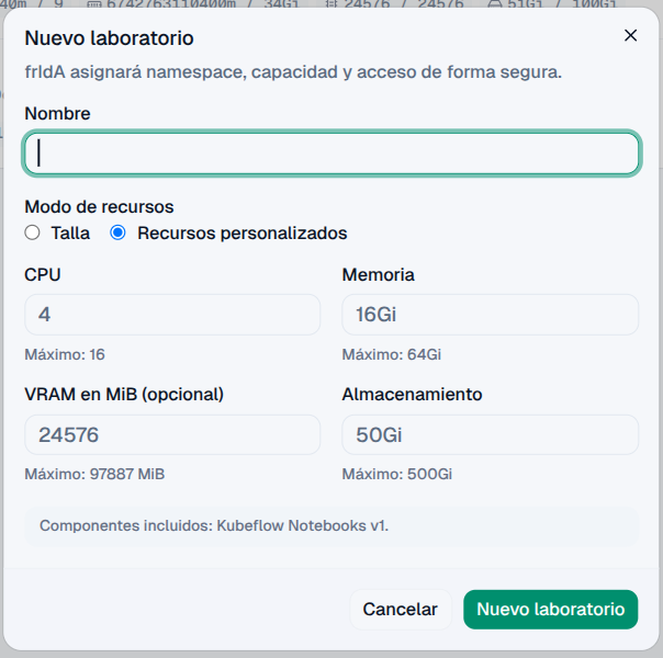 Diálogo Nuevo laboratorio en modo Recursos personalizados, con el máximo por campo