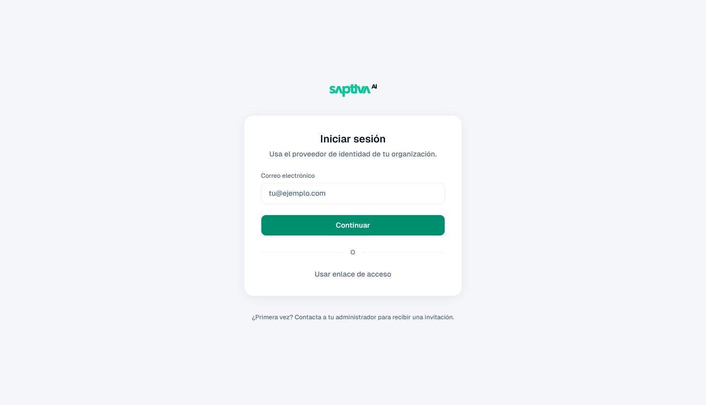 Pantalla Iniciar sesión con SSO como opción principal y el enlace Usar enlace de acceso