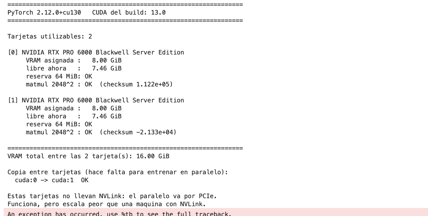 Salida dentro de un notebook con dos tarjetas: cada una con 8 GiB de VRAM asignada y la copia entre cuda:0 y cuda:1 correcta