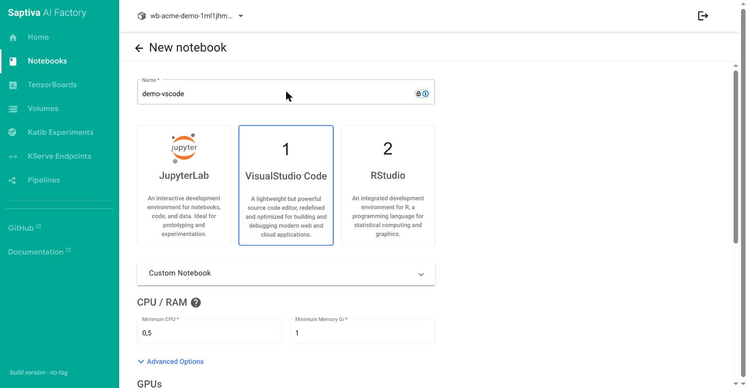Formulario New Notebook con el entorno VisualStudio Code seleccionado