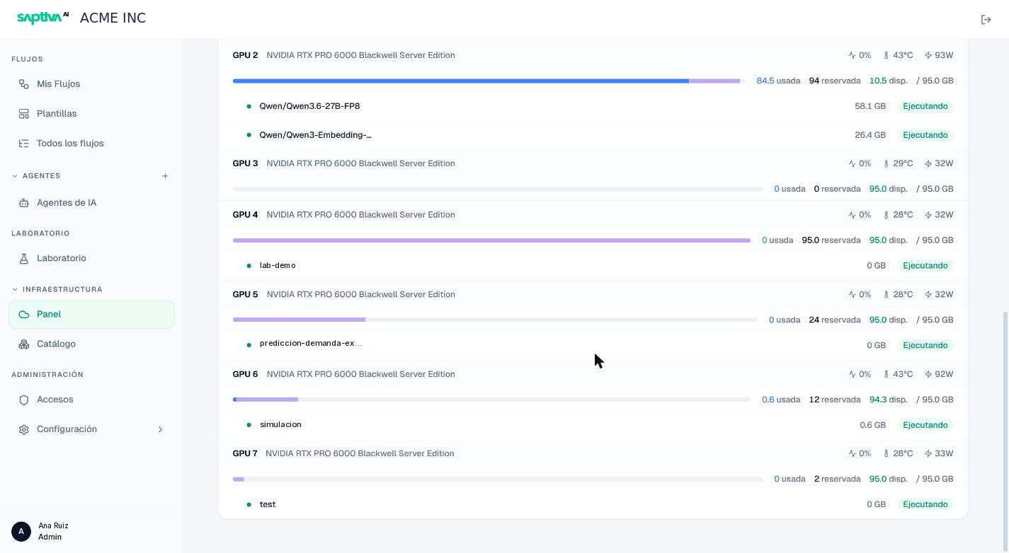 Lista de GPUs con su barra de memoria y los workloads de cada una