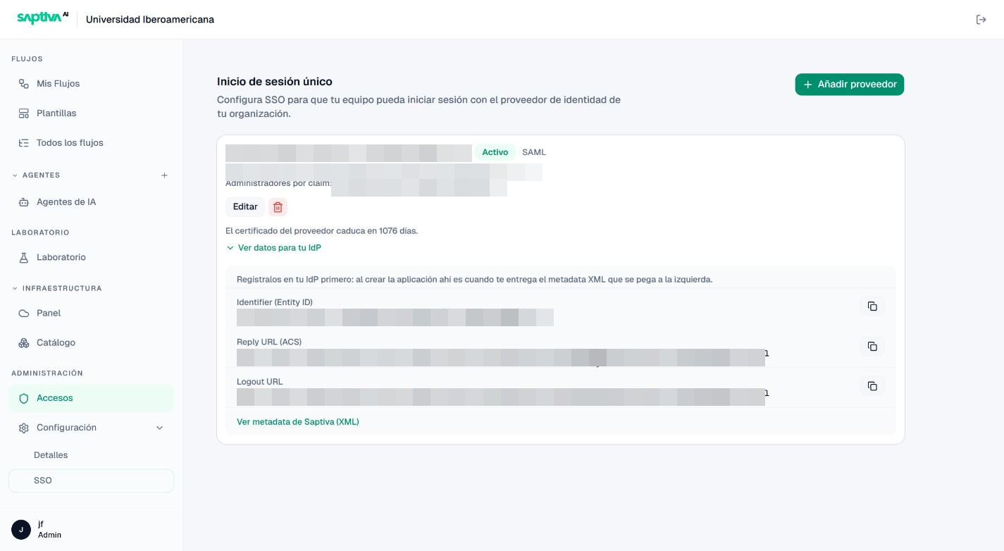 Proveedor SAML activo con los datos para el IdP desplegados