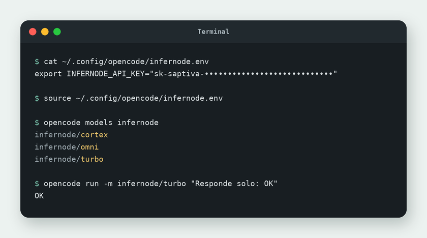Terminal with the variable loaded, the model list and a test